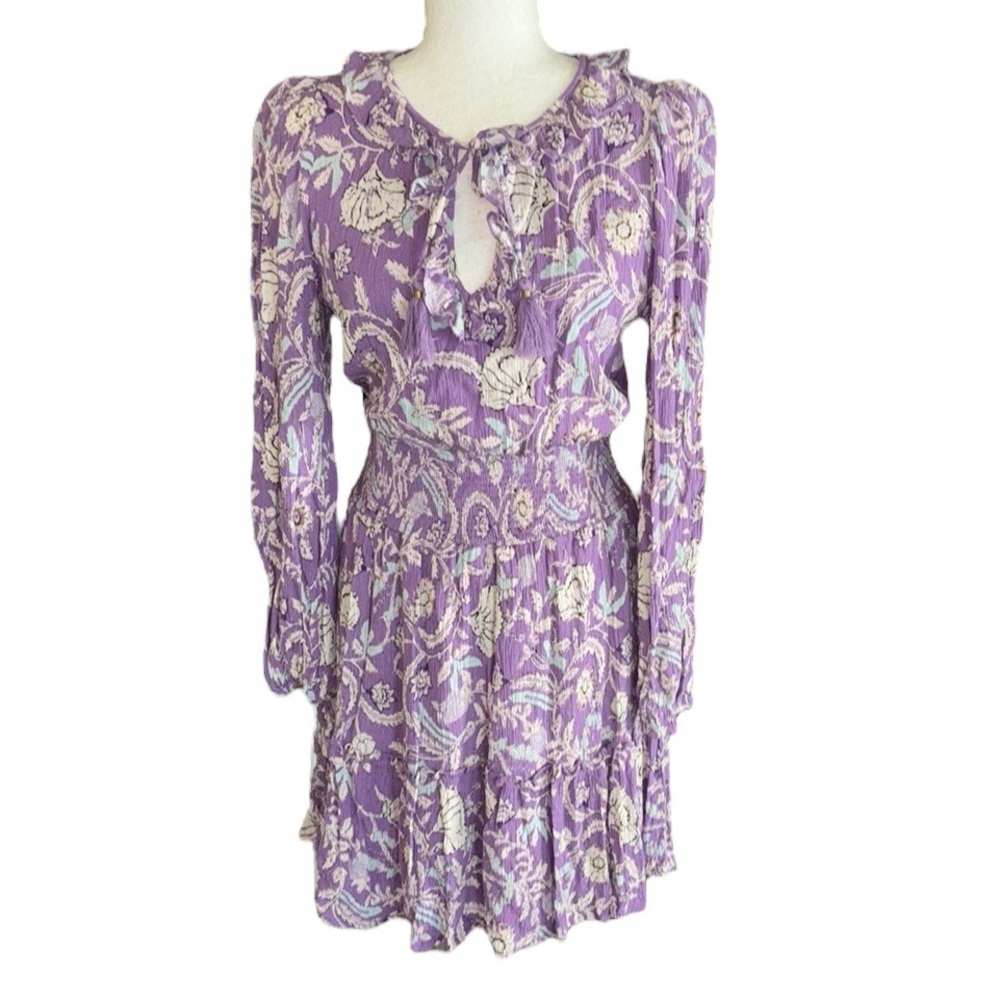 Haute Hippie Lavender Metallic Gold Floral Tie Neck Tassel Smocked Mini Dress  S